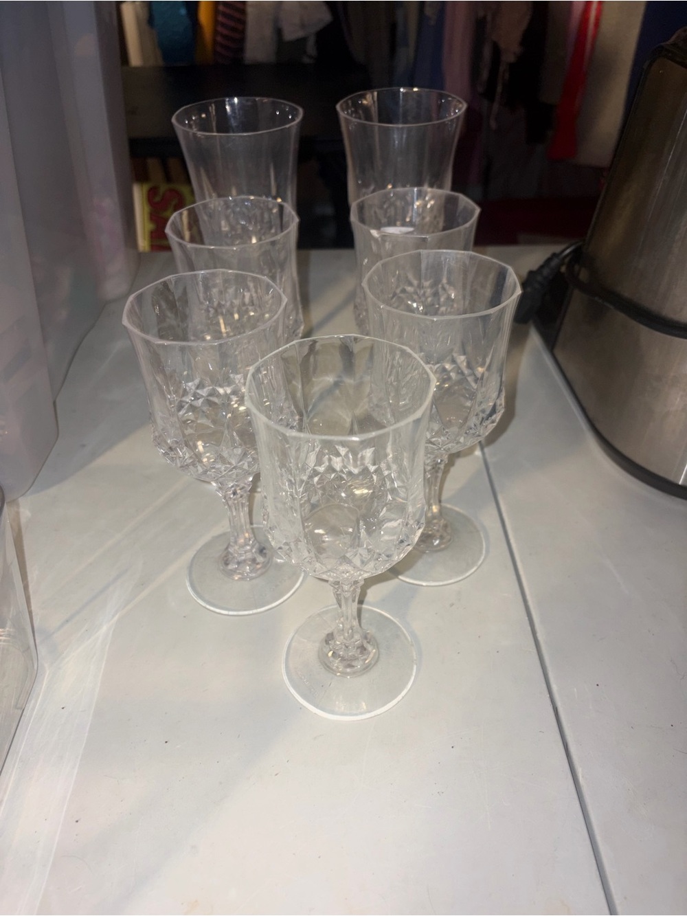 Clear Plastic Diamond Pattern Wine Glasses and Tumblers - Set of 7